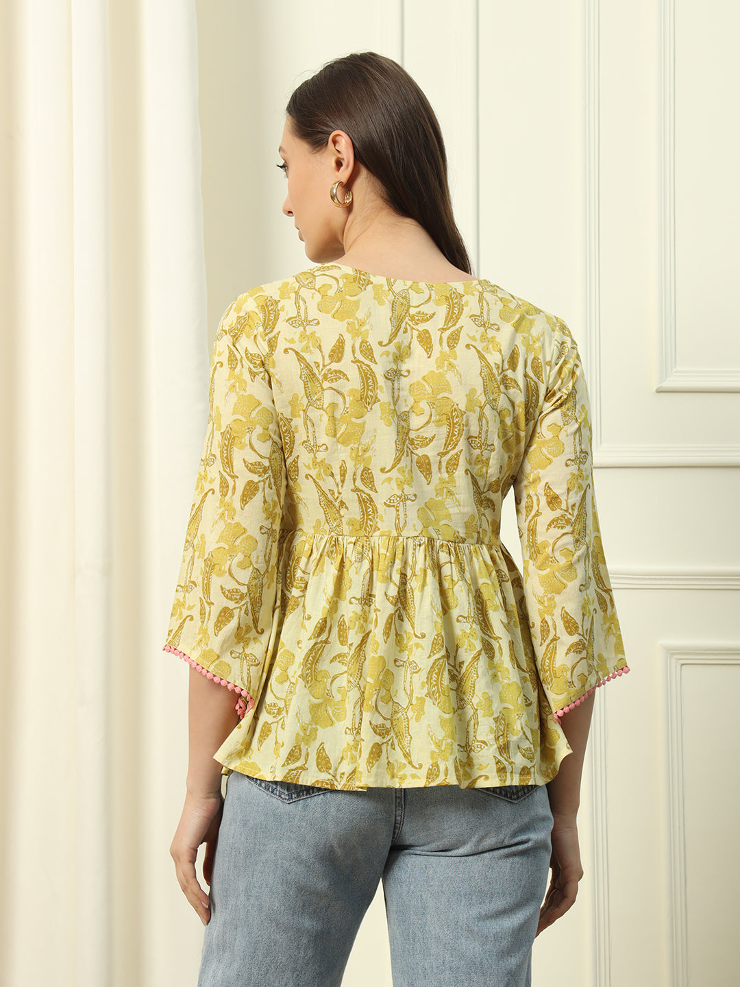 FIORRA Women's Yellow Printed Cotton Top