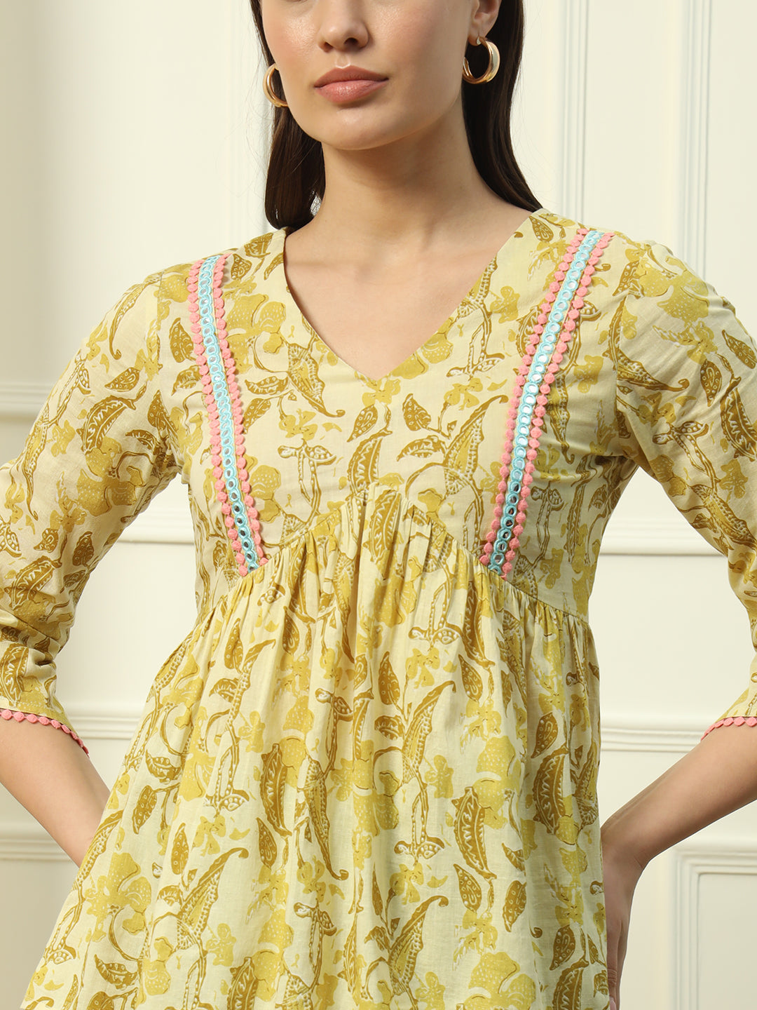 FIORRA Women's Yellow Printed Cotton Top