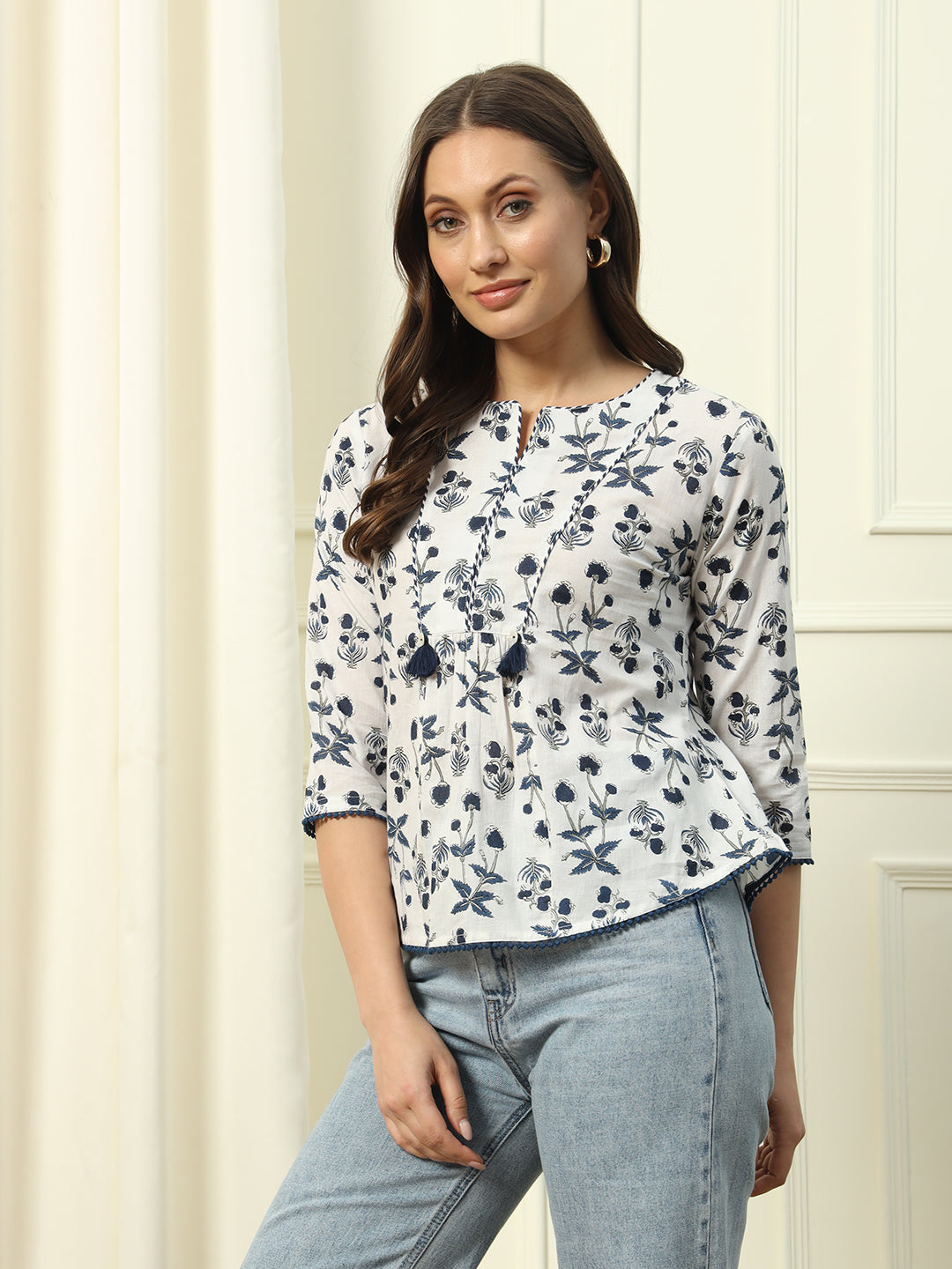 FIORRA Women's White Printed Cotton Top