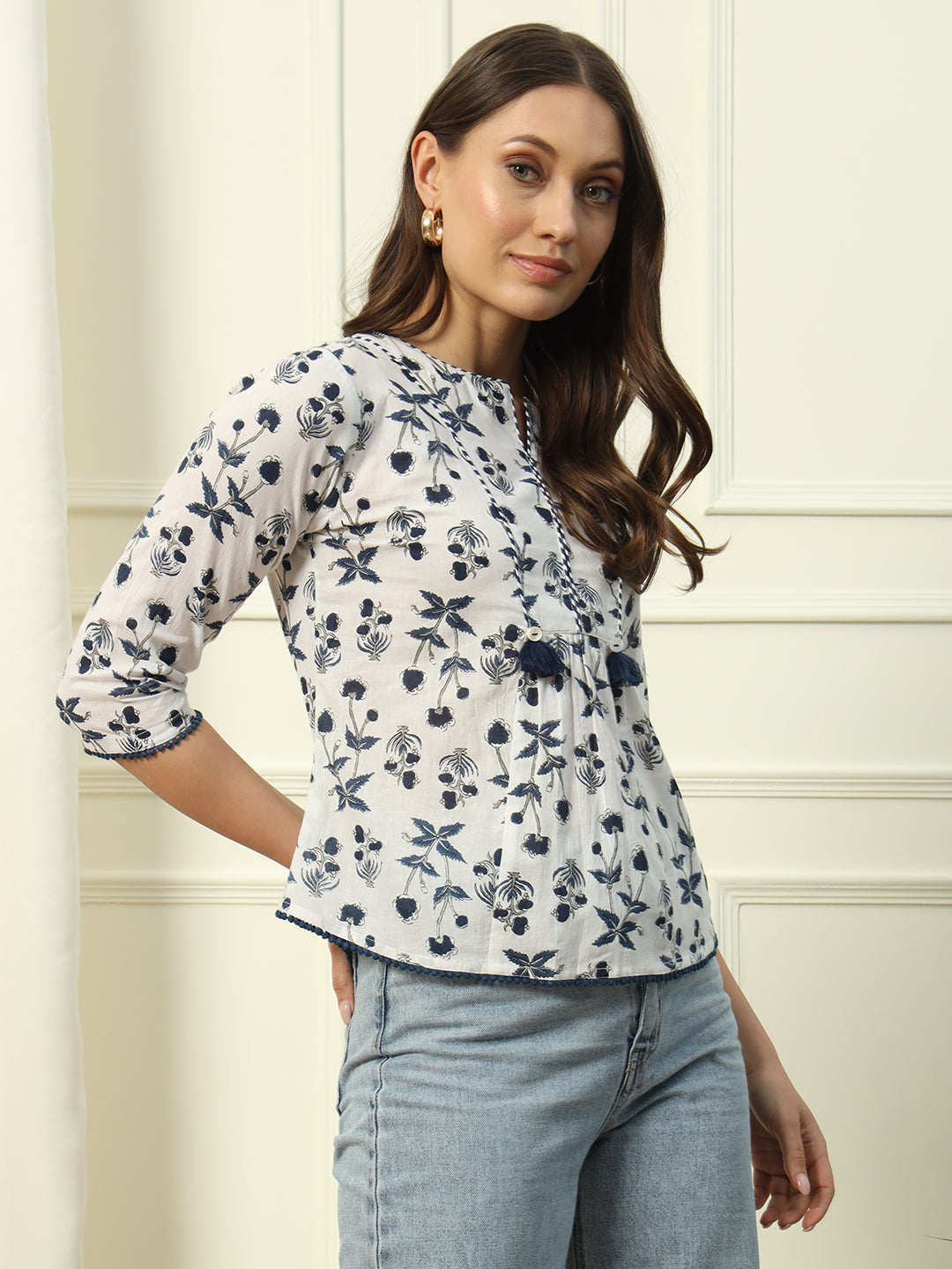 FIORRA Women's White Printed Cotton Top