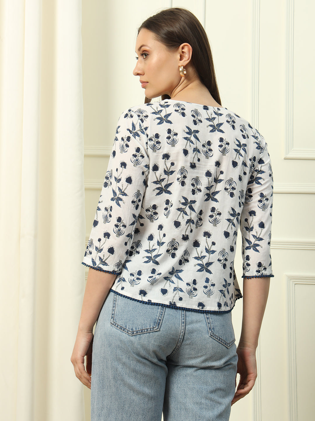 FIORRA Women's White Printed Cotton Top