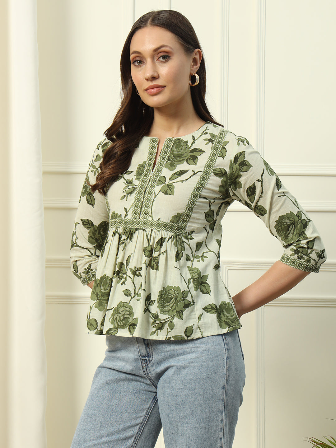 FIORRA Women's Pista Green Floral Printed Cotton Top