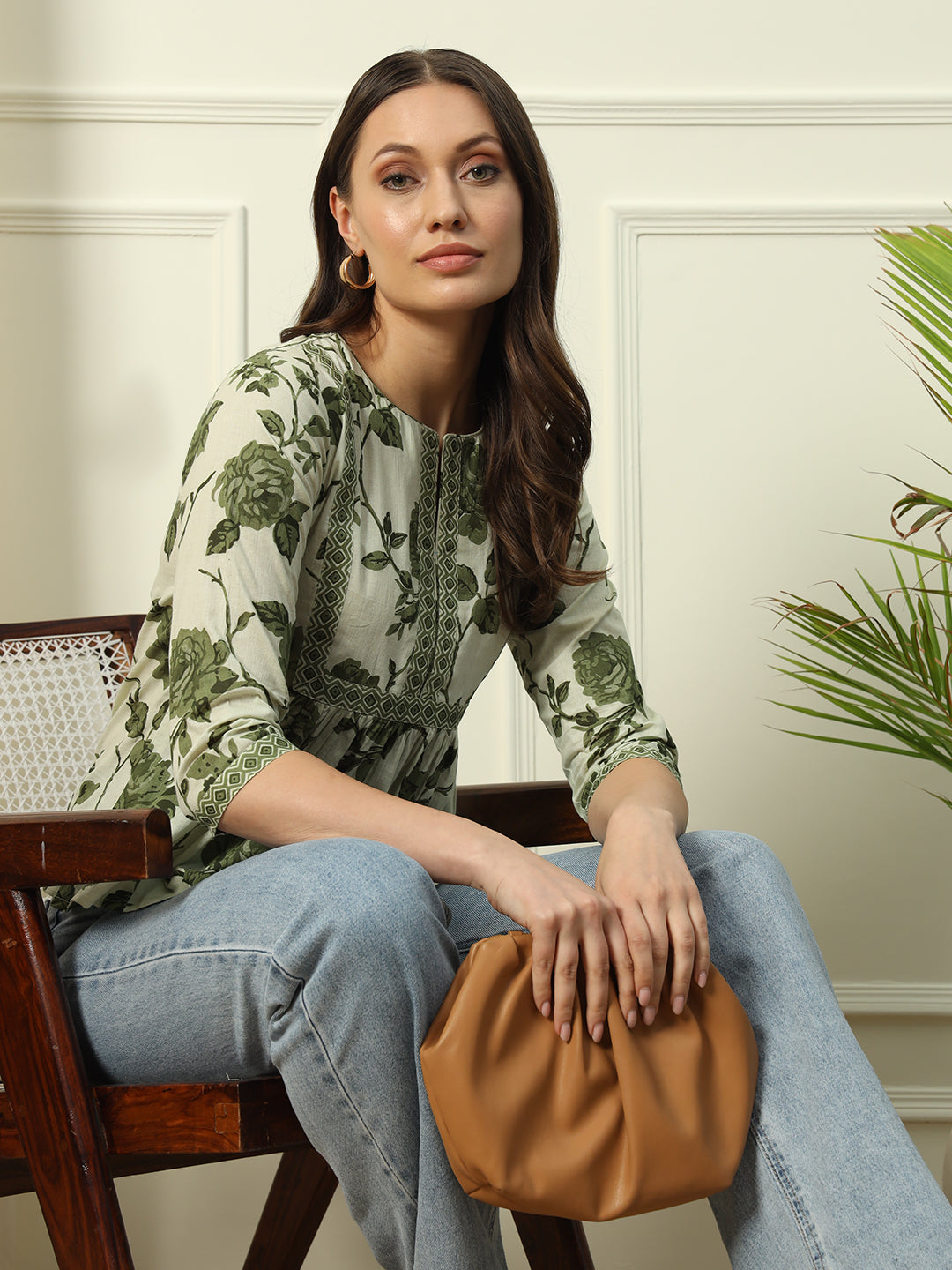 FIORRA Women's Pista Green Floral Printed Cotton Top