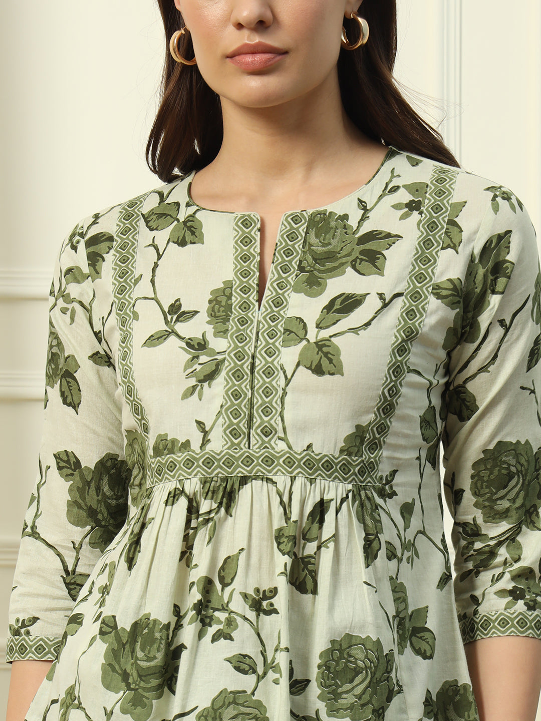 FIORRA Women's Pista Green Floral Printed Cotton Top