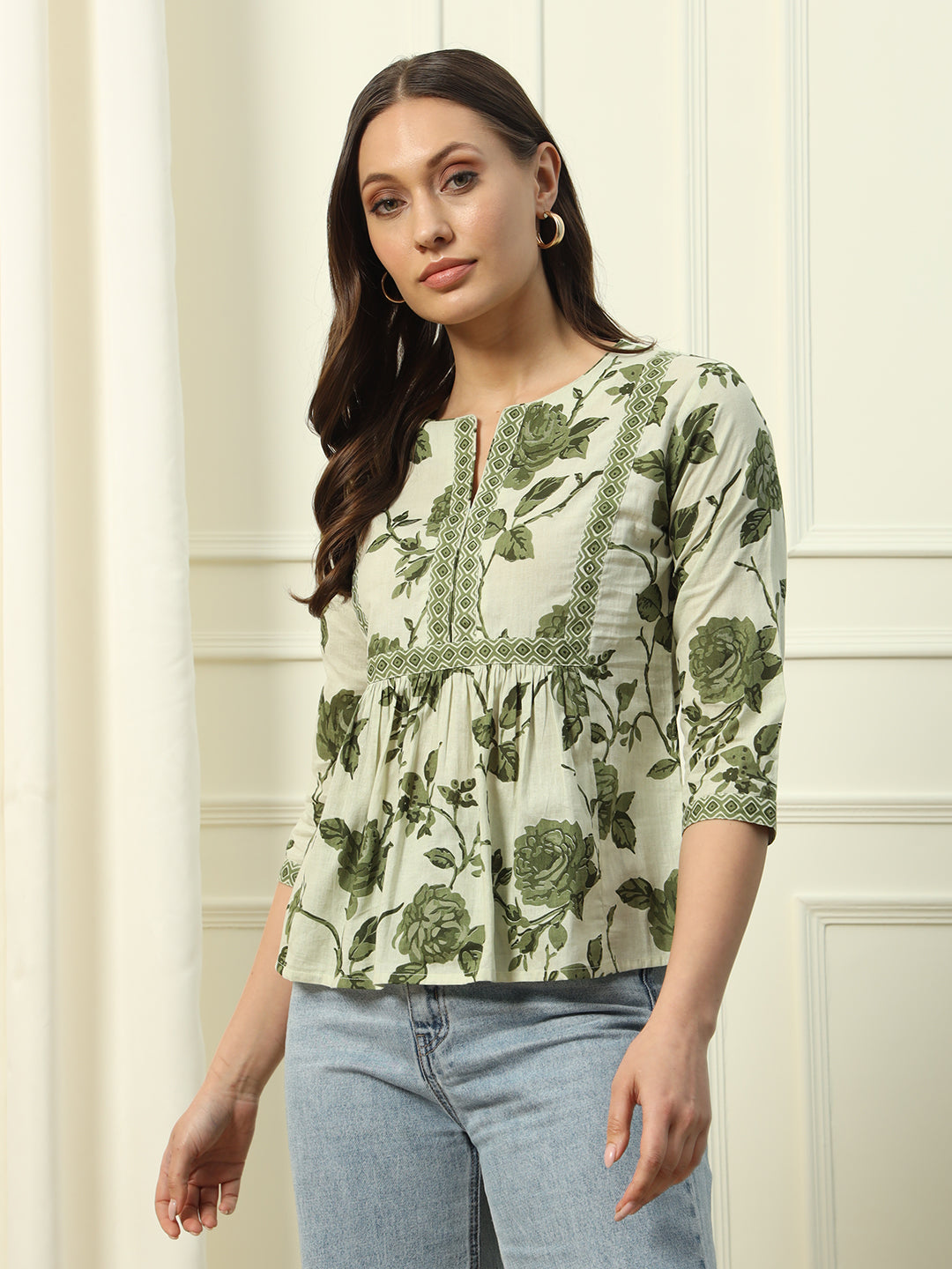 FIORRA Women's Pista Green Floral Printed Cotton Top