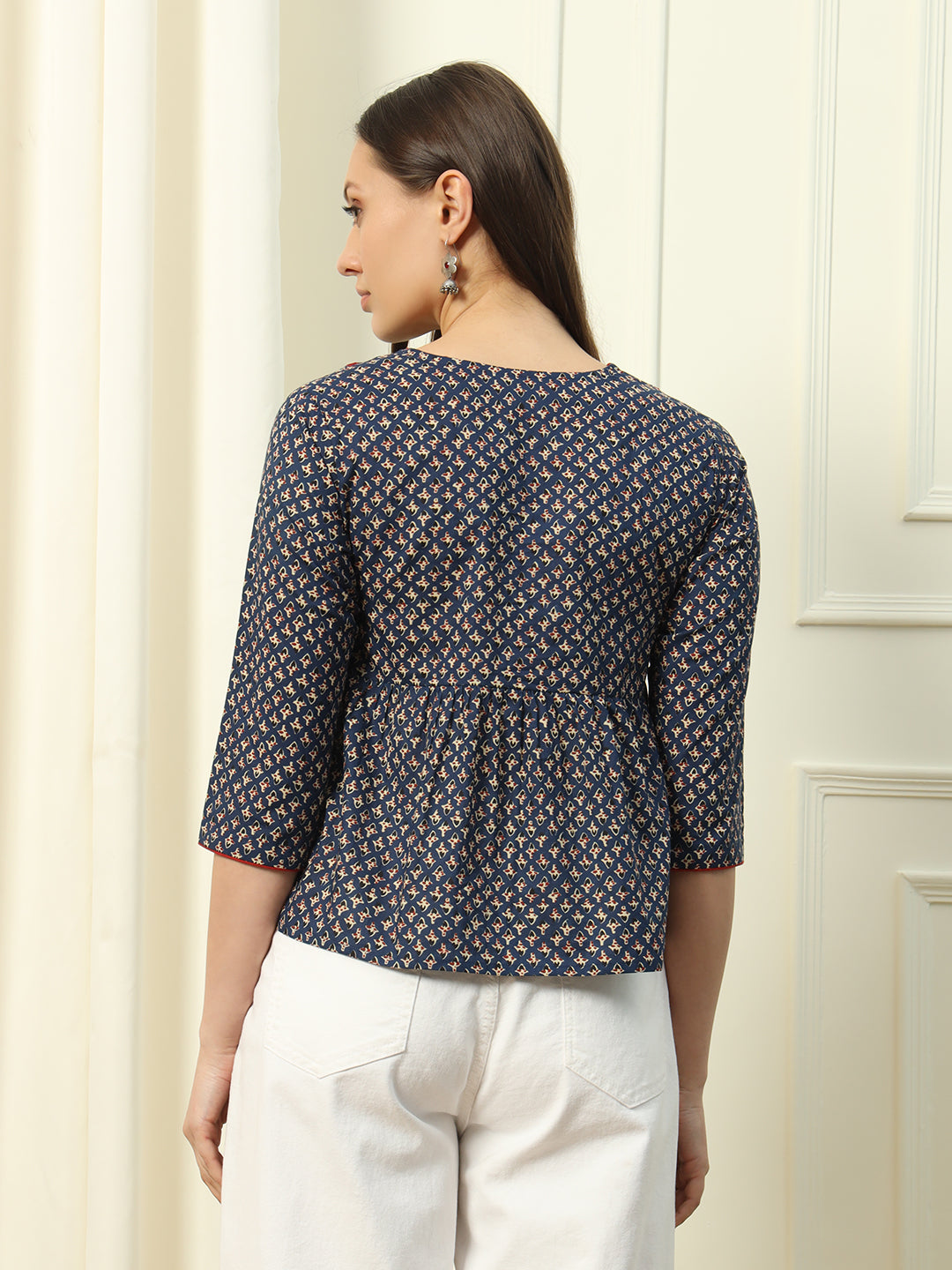 FIORRA Women's Blue Floral Printed Cotton Top