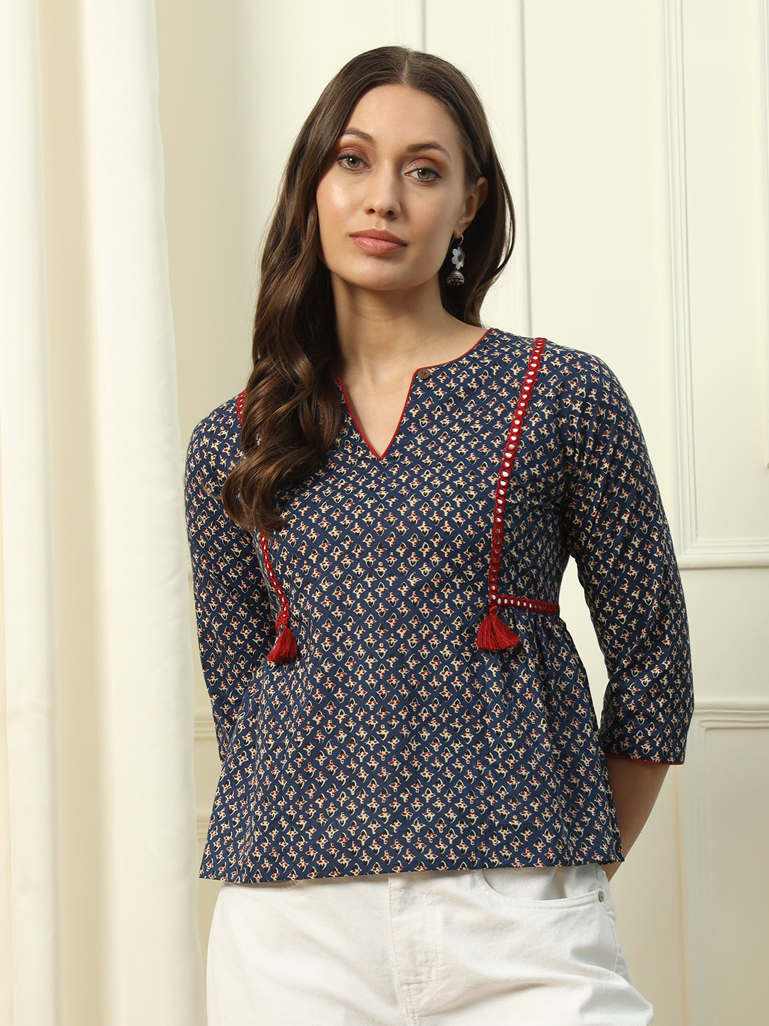 FIORRA Women's Blue Floral Printed Cotton Top