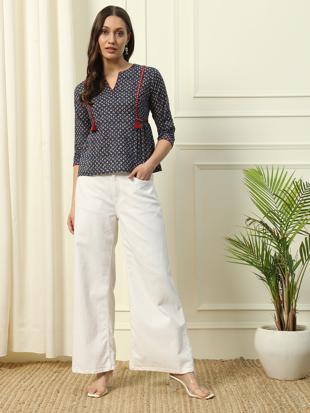 FIORRA Women's Blue Floral Printed Cotton Top