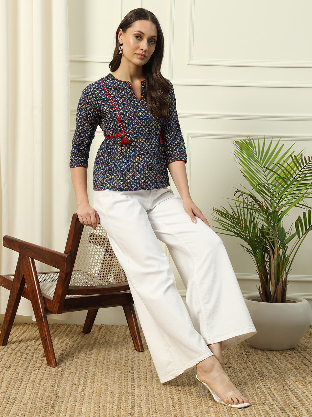 FIORRA Women's Blue Floral Printed Cotton Top