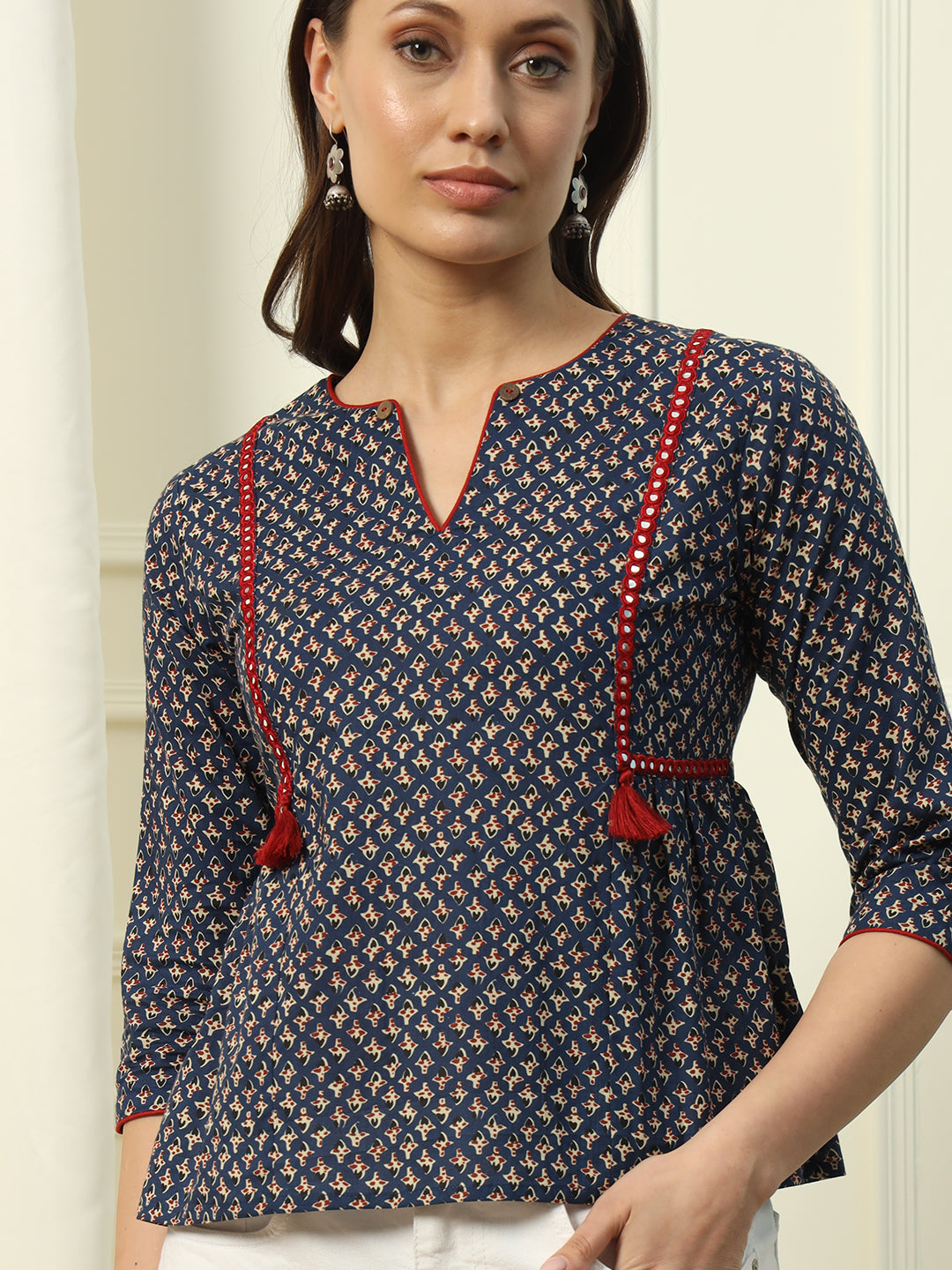 FIORRA Women's Blue Floral Printed Cotton Top