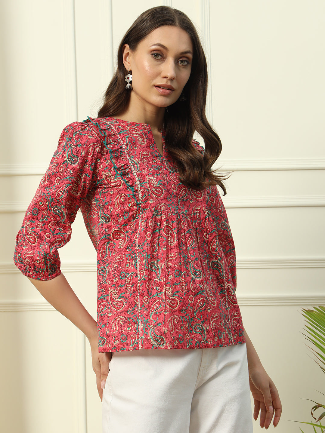 FIORRA Women's Red Floral Printed Cotton Top
