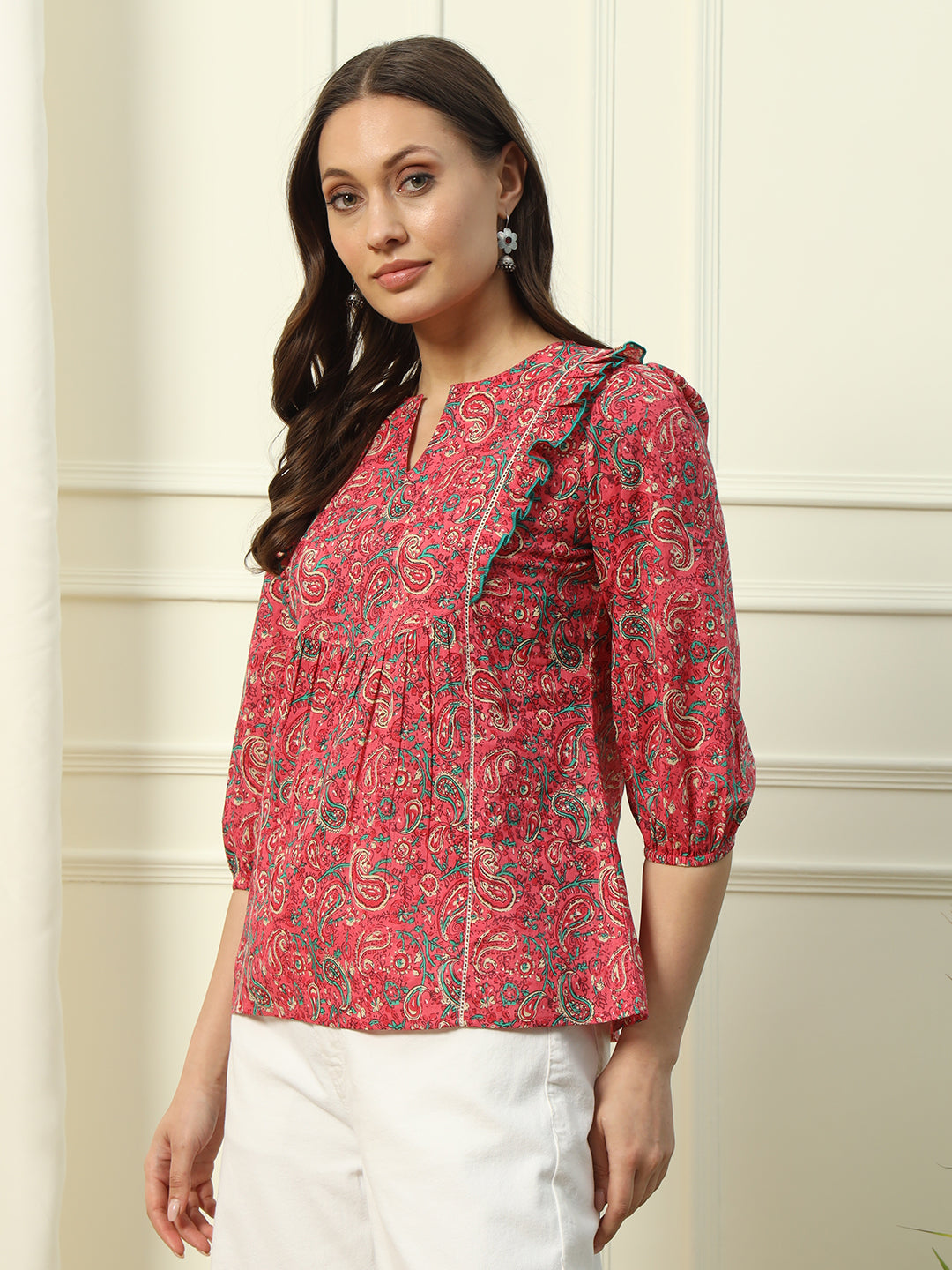 FIORRA Women's Red Floral Printed Cotton Top