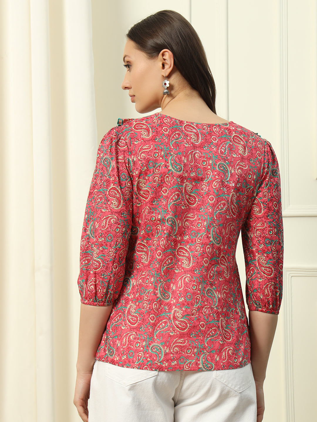 FIORRA Women's Red Floral Printed Cotton Top