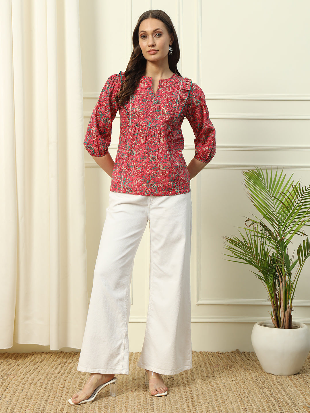 FIORRA Women's Red Floral Printed Cotton Top