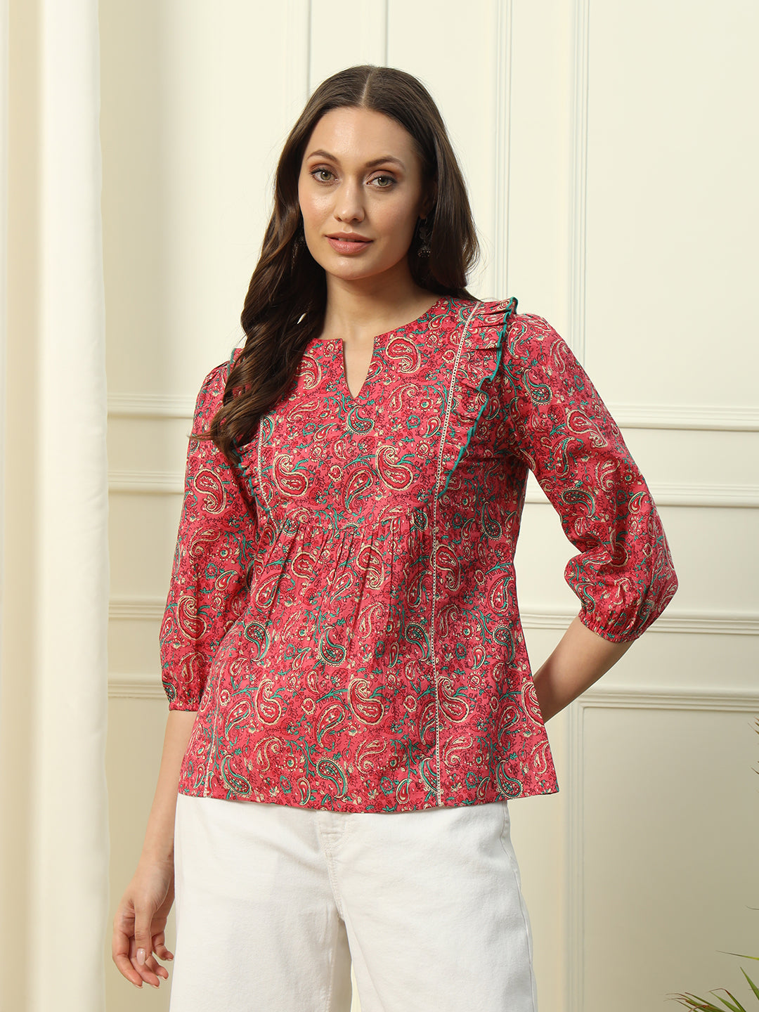 FIORRA Women's Red Floral Printed Cotton Top