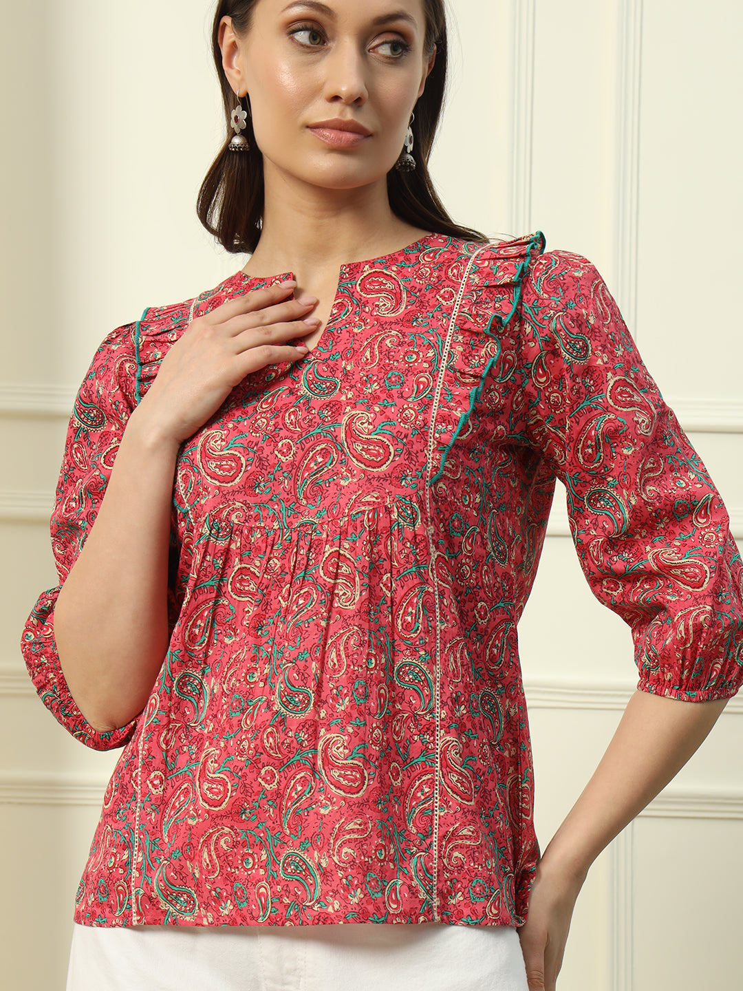 FIORRA Women's Red Floral Printed Cotton Top