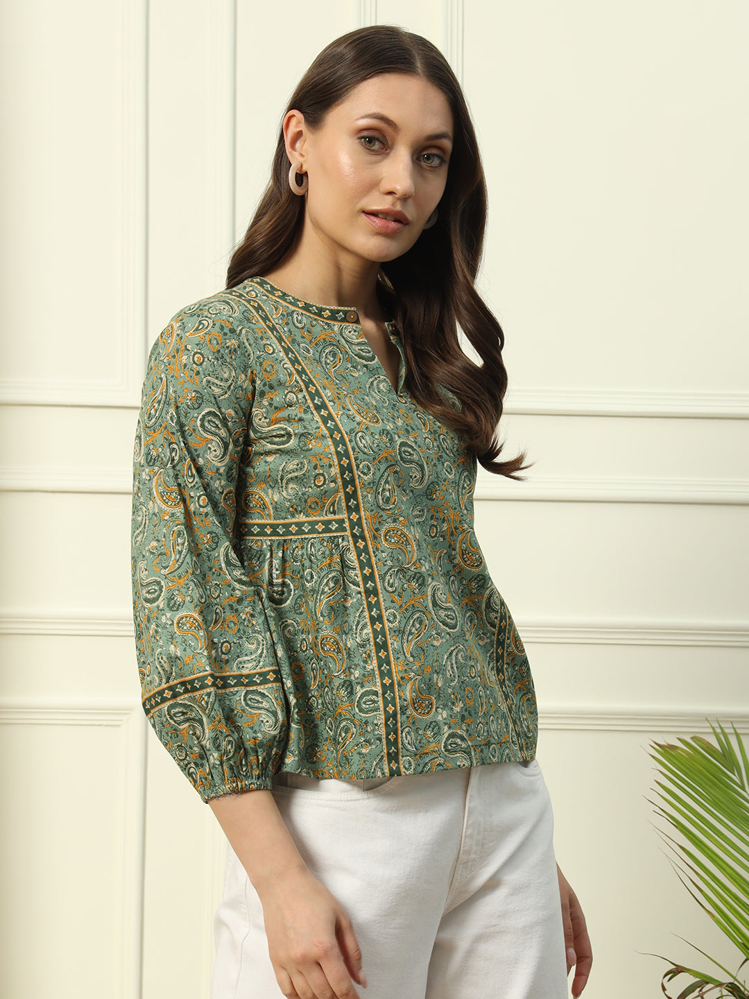 FIORRA Women's Green Floral Printed Cotton Top