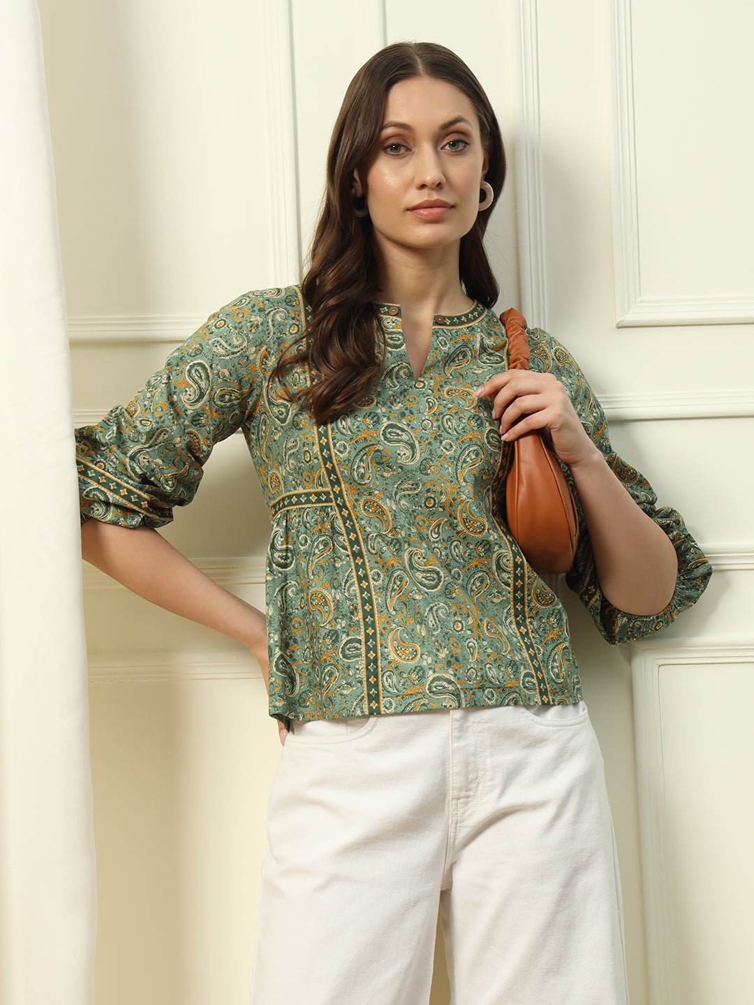 FIORRA Women's Green Floral Printed Cotton Top