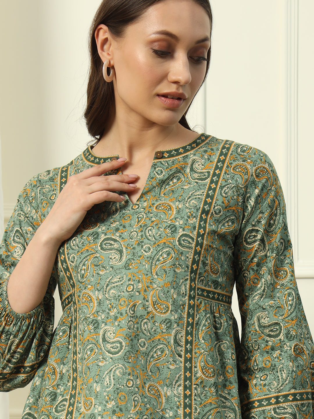 FIORRA Women's Green Floral Printed Cotton Top