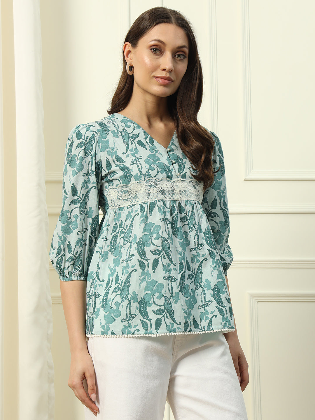 FIORRA Women's Sky Blue Printed Cotton Top