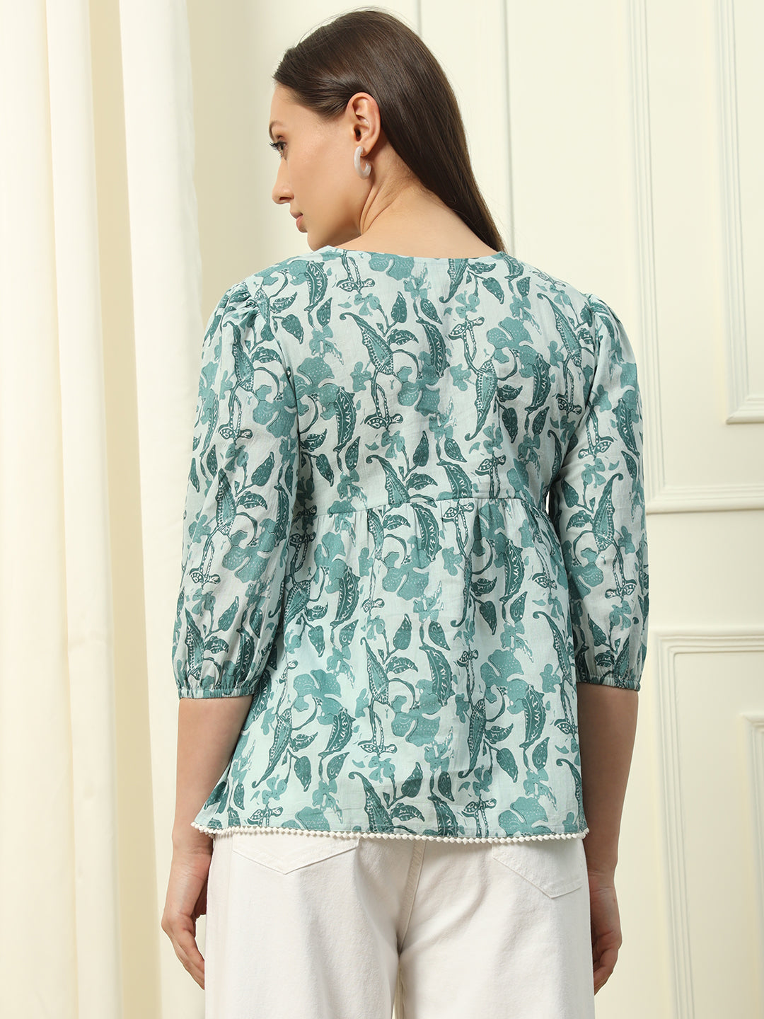 FIORRA Women's Sky Blue Printed Cotton Top