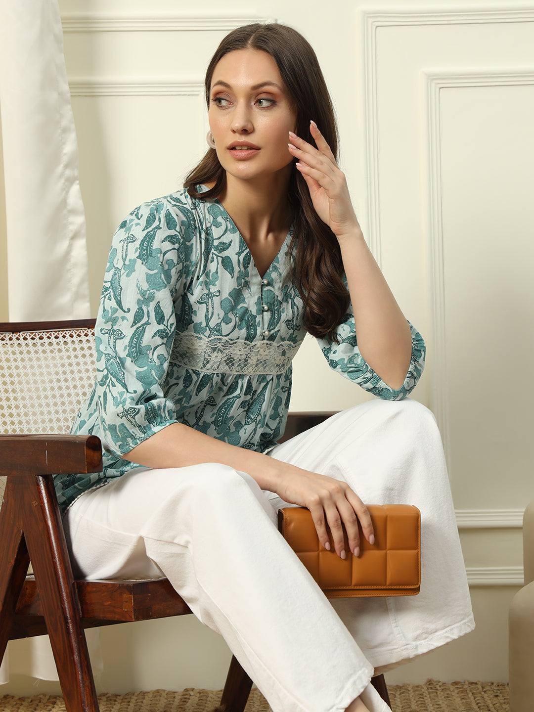 FIORRA Women's Sky Blue Printed Cotton Top