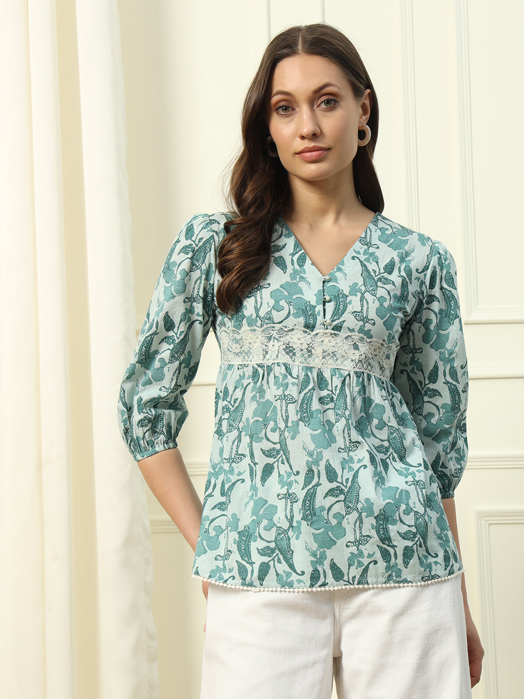FIORRA Women's Sky Blue Printed Cotton Top