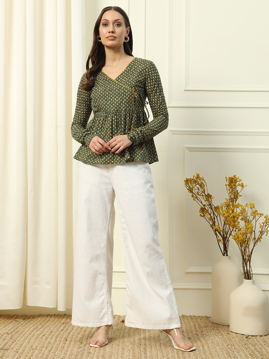 FIORRA Women's Green Printed Cotton Top