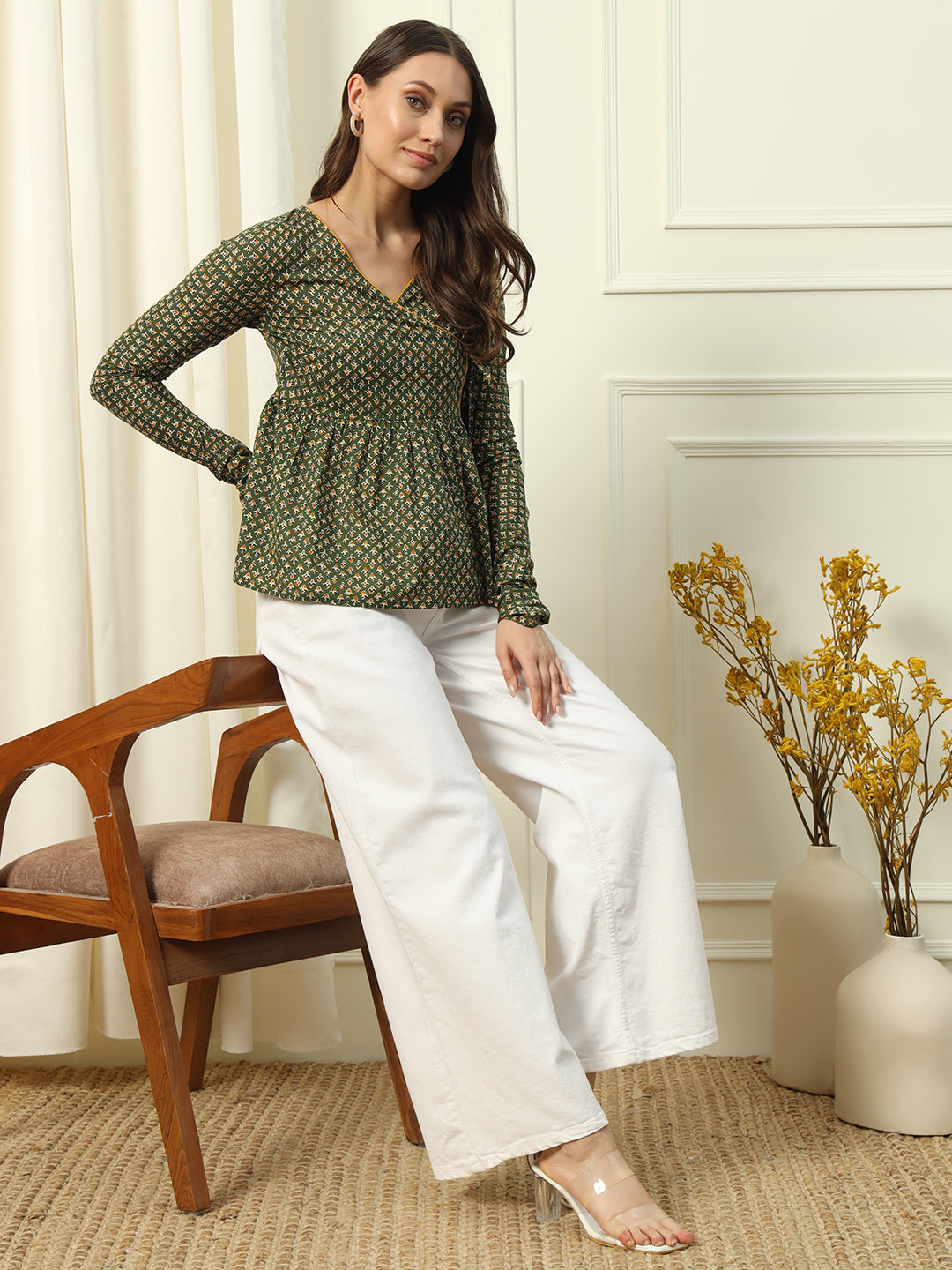 FIORRA Women's Green Printed Cotton Top