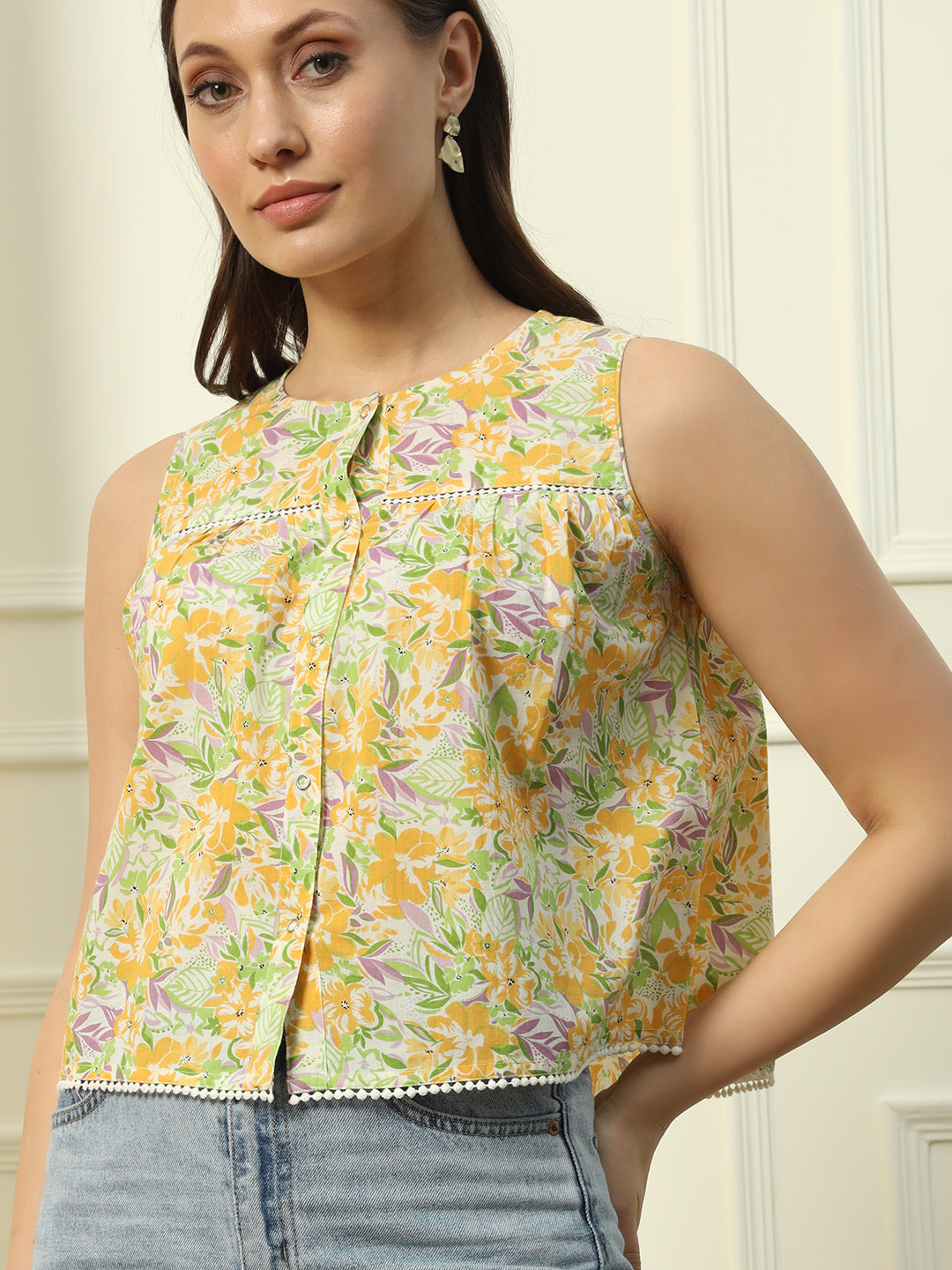 FIORRA Women's Yellow Floral Printed Cotton Top