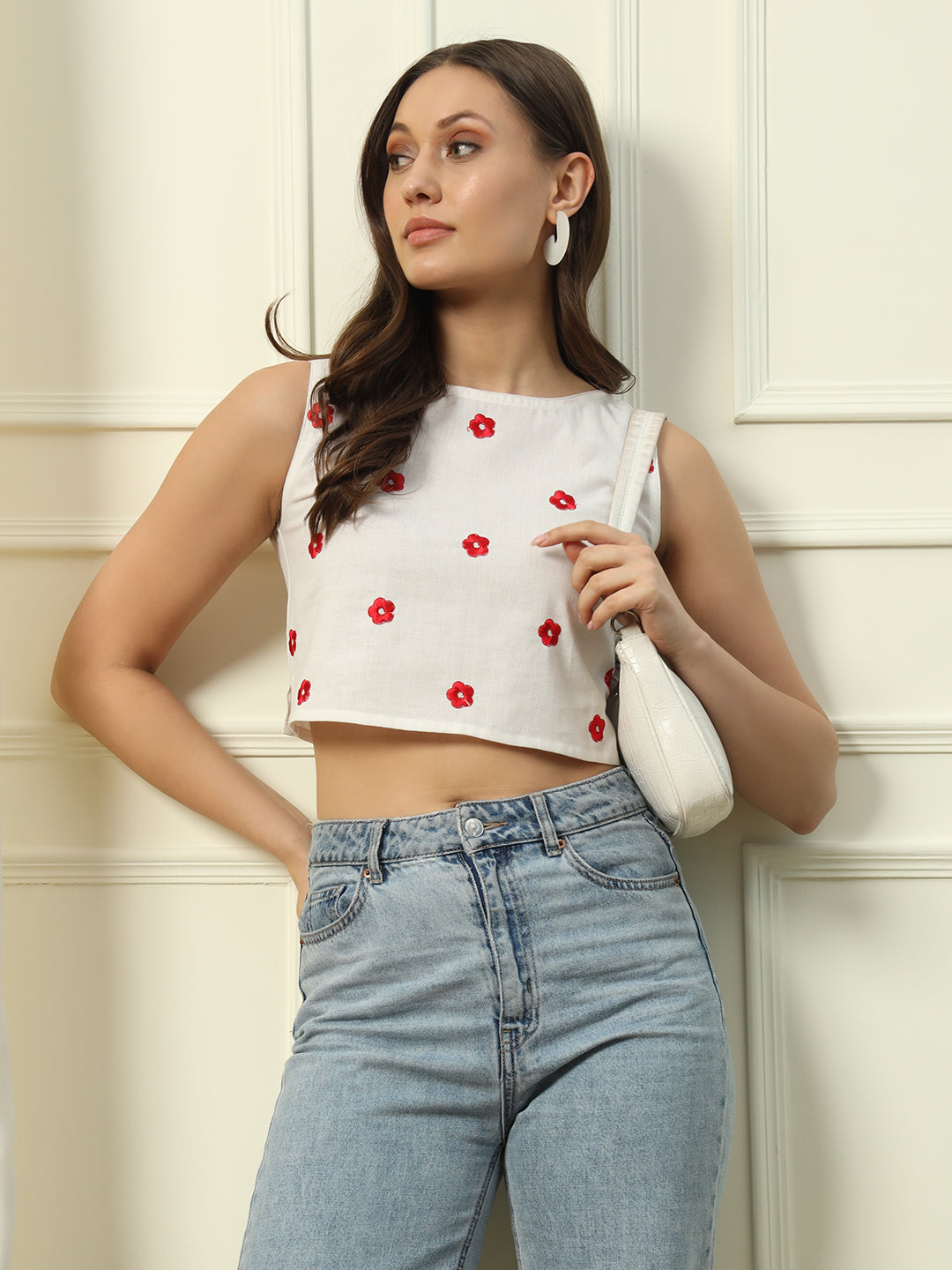 FIORRA Women's White Embroidered Cotton Crop Top