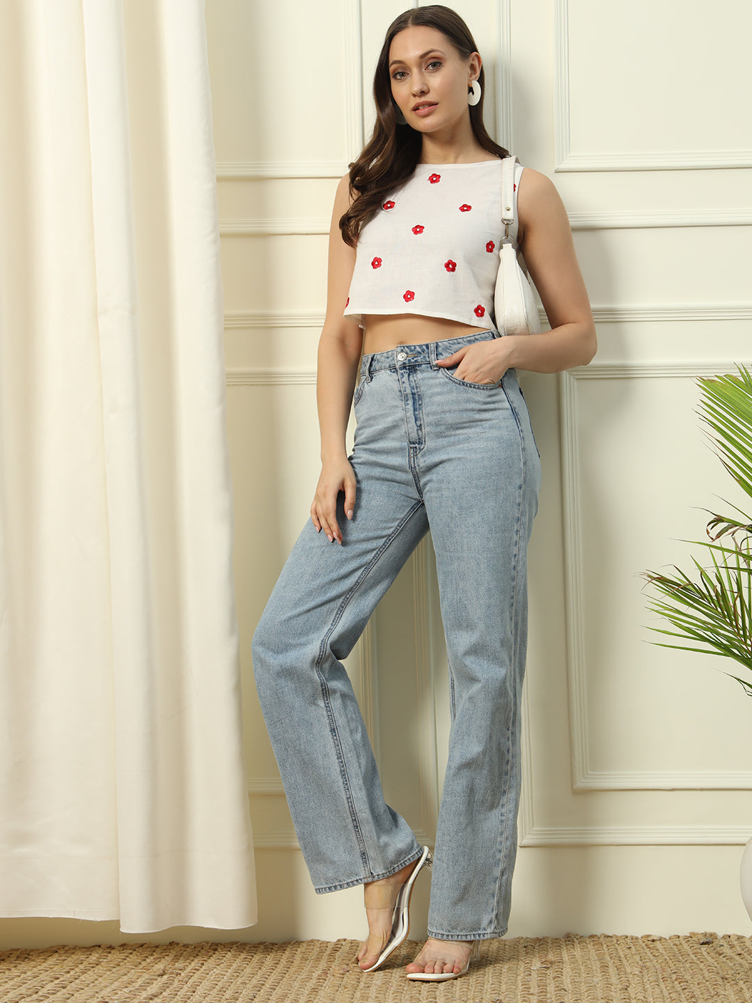 FIORRA Women's White Embroidered Cotton Crop Top