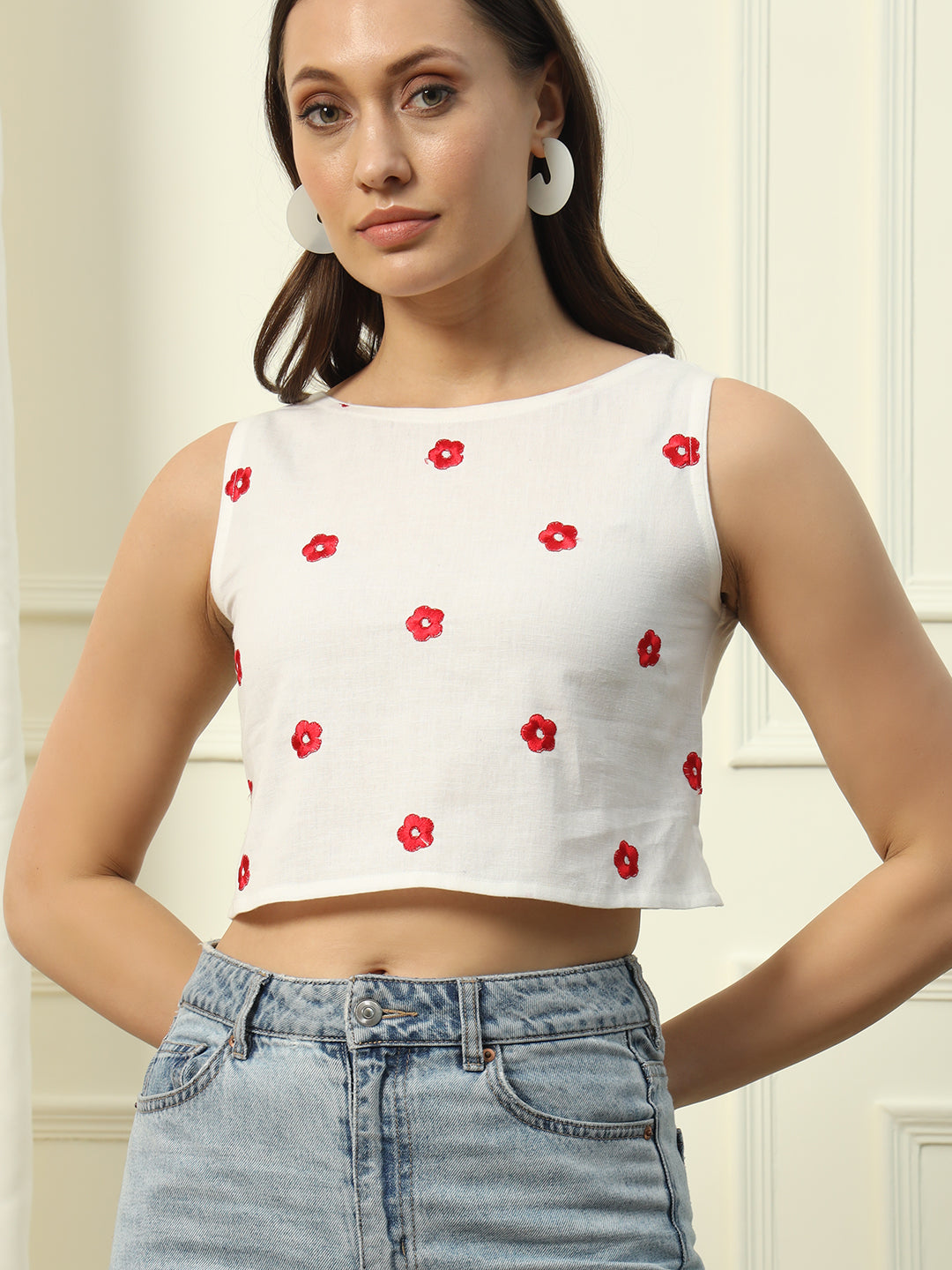 FIORRA Women's White Embroidered Cotton Crop Top