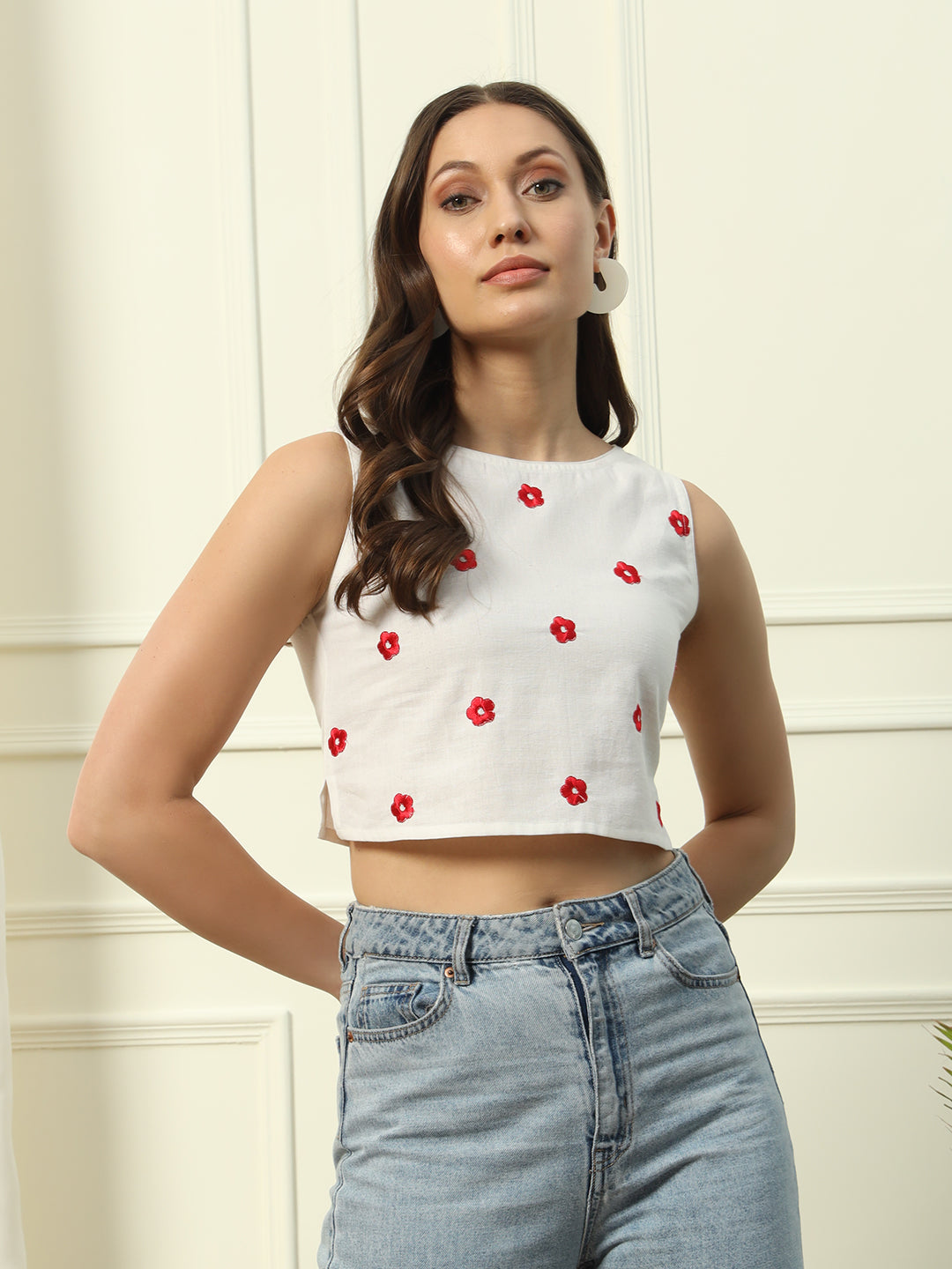 FIORRA Women's White Embroidered Cotton Crop Top