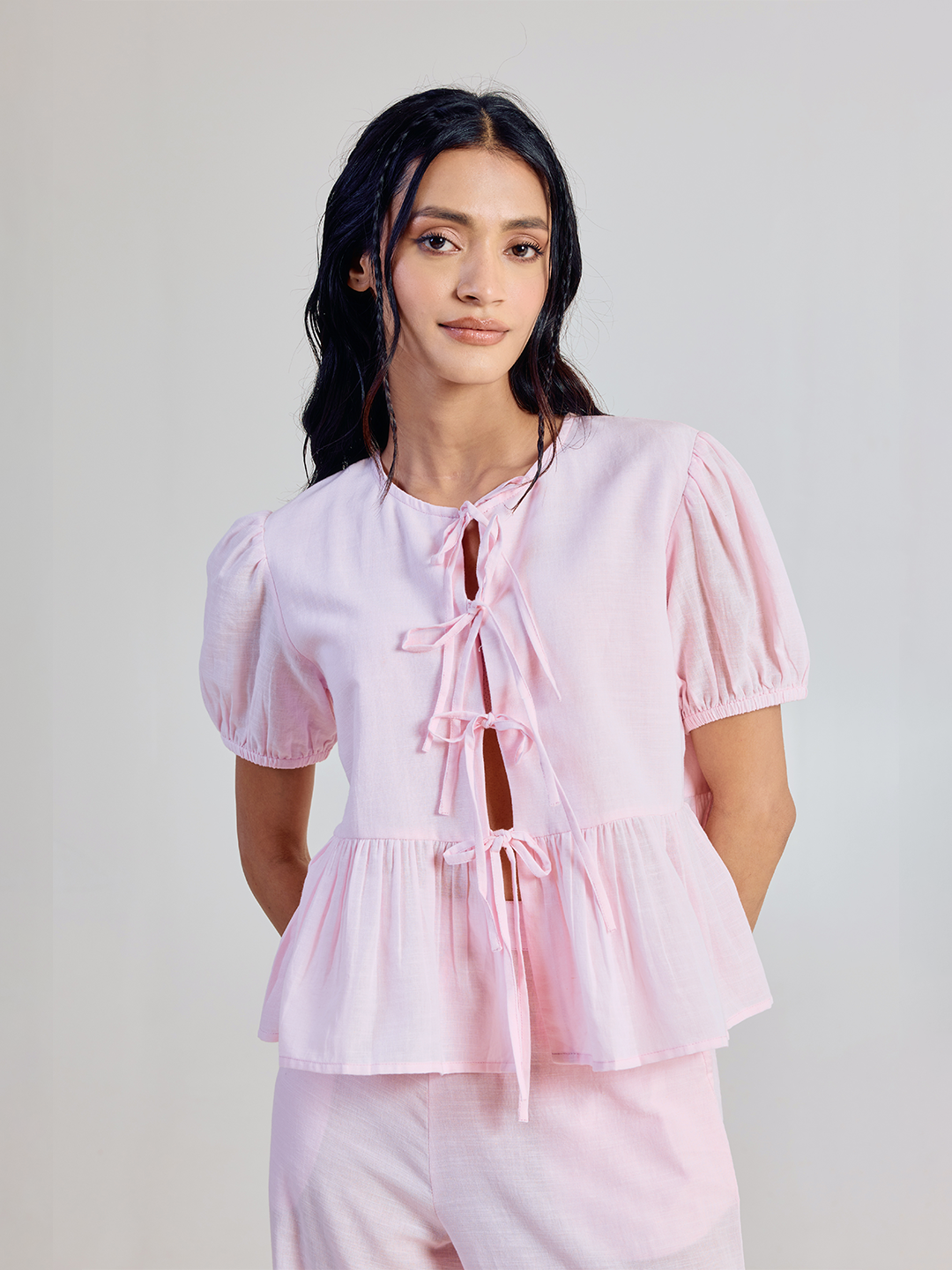 FIORRA Women’s Pink Solid Linen Peplum Top