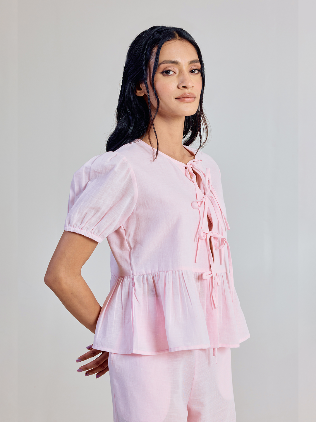 FIORRA Women’s Pink Solid Linen Peplum Top