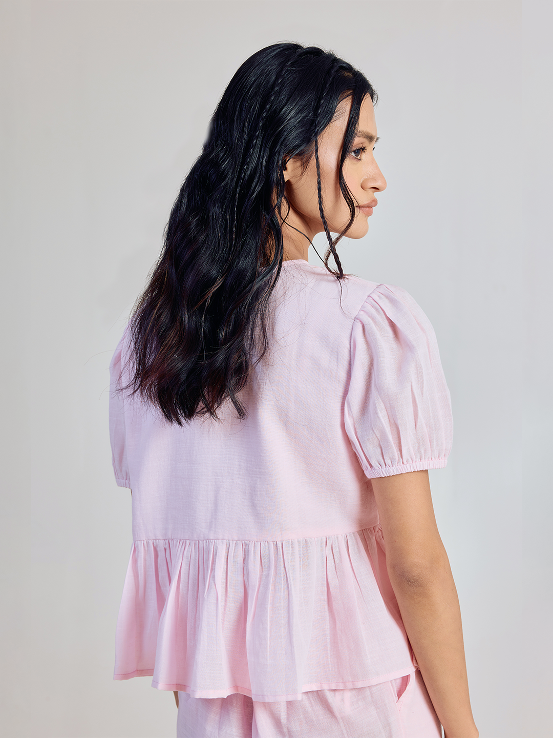 FIORRA Women’s Pink Solid Linen Peplum Top