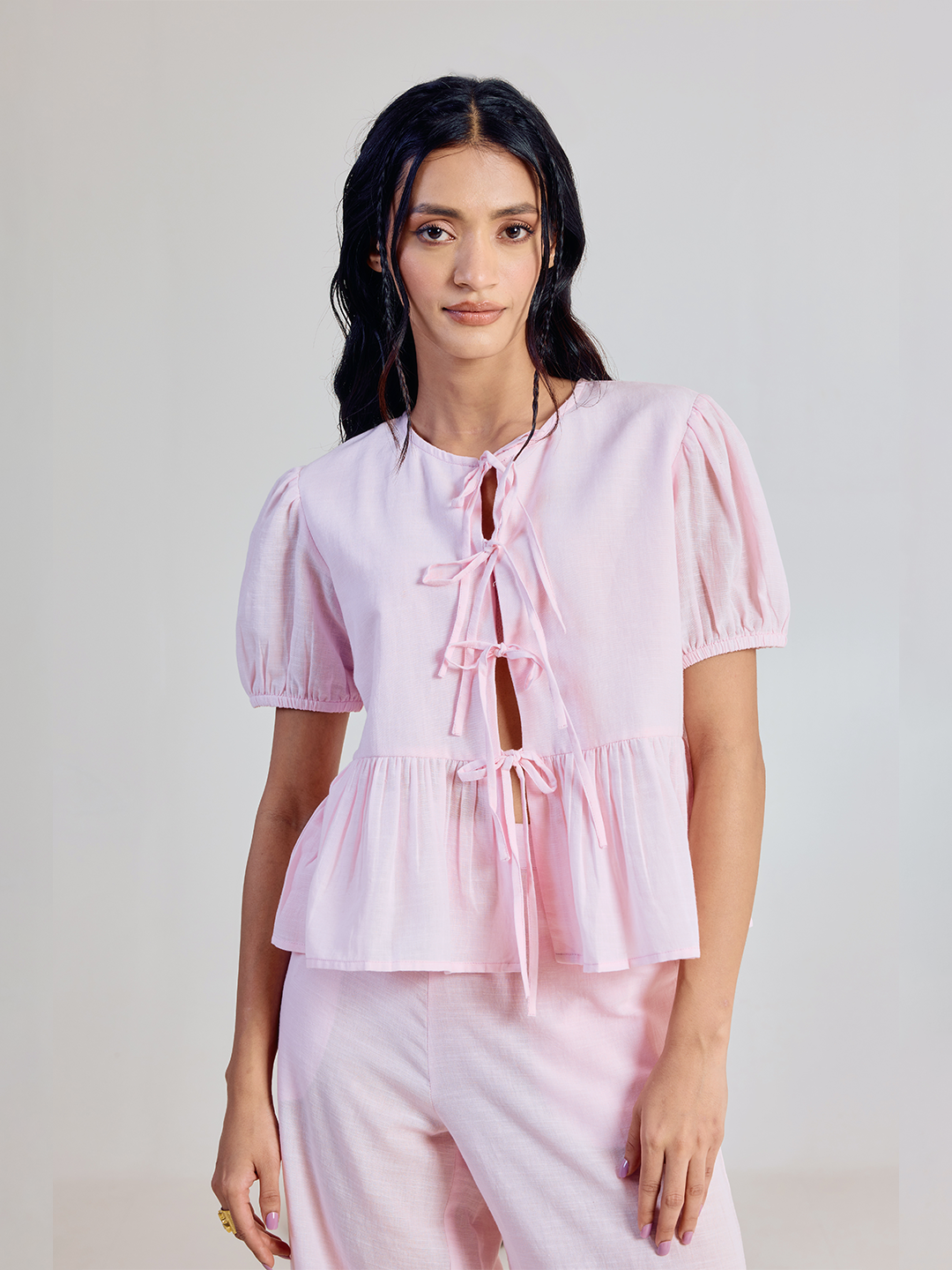 FIORRA Women’s Pink Solid Linen Peplum Top