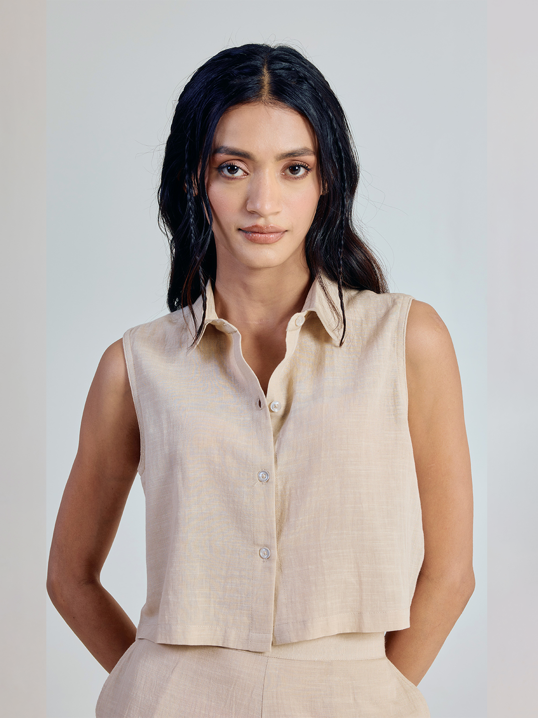 FIORRA Women’s Beige Solid Linen Sleeveless Shirt Top