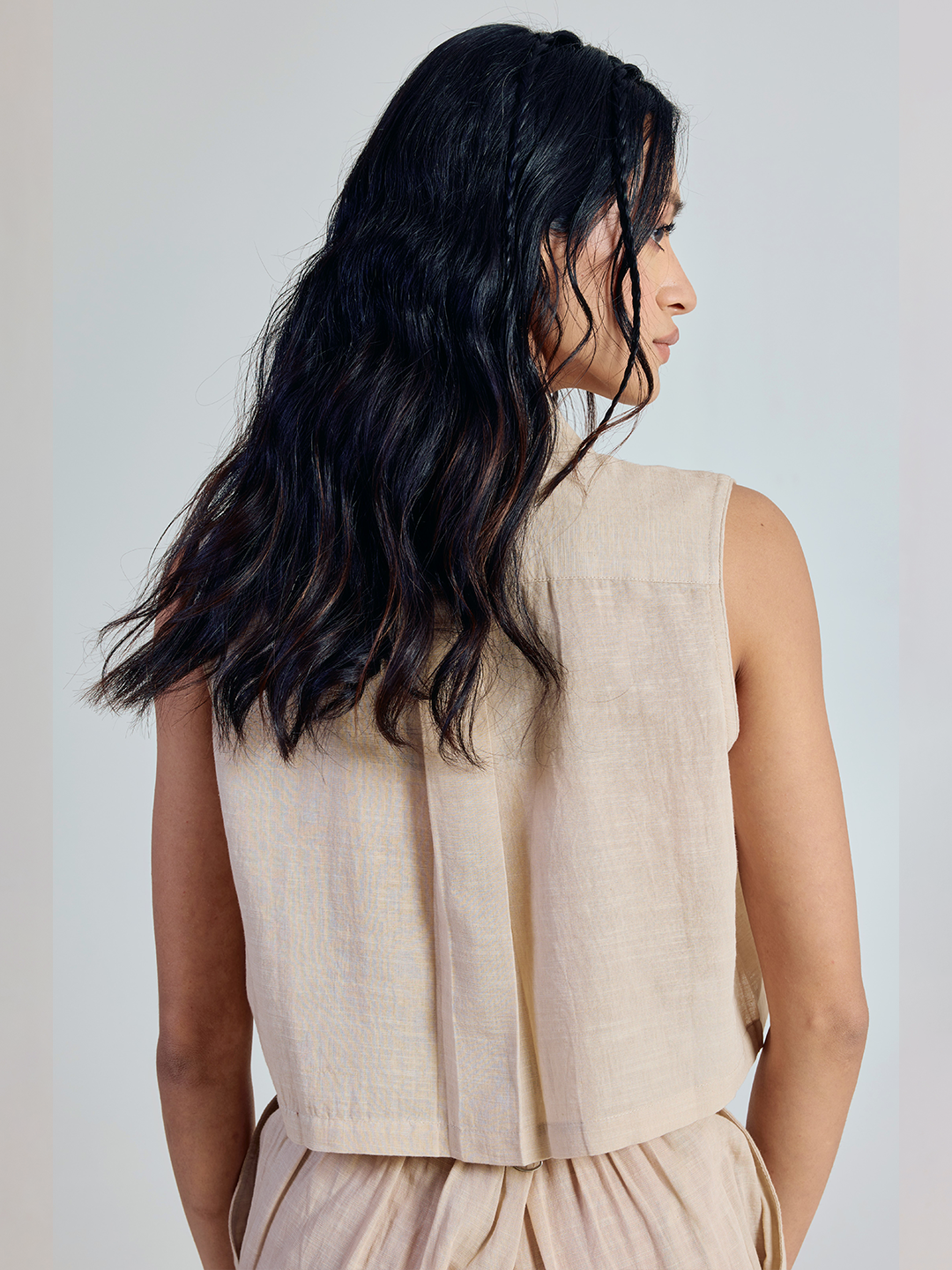 FIORRA Women’s Beige Solid Linen Sleeveless Shirt Top