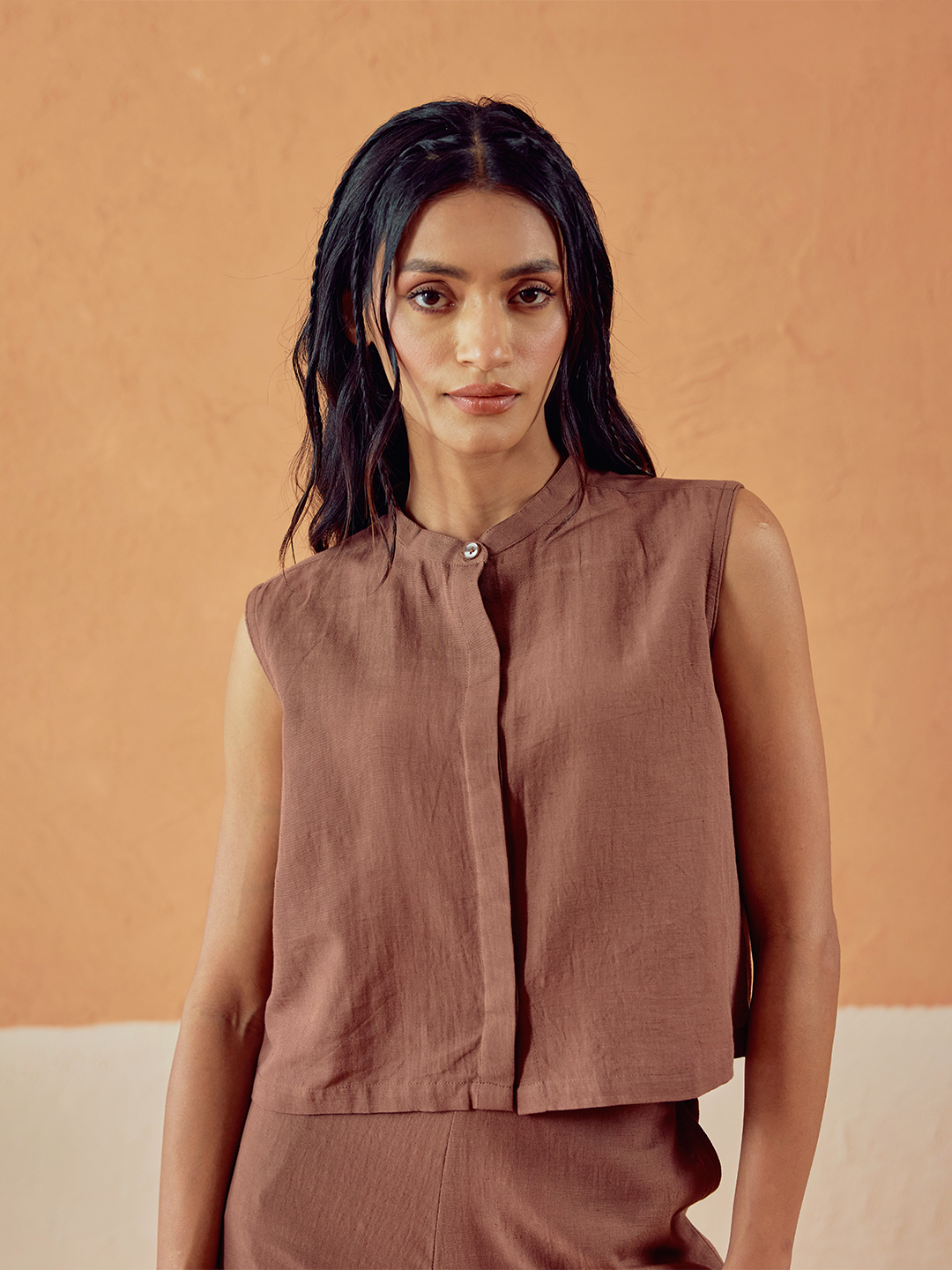 FIORRA Women’s Brown Solid Linen Sleeveless Shirt Top