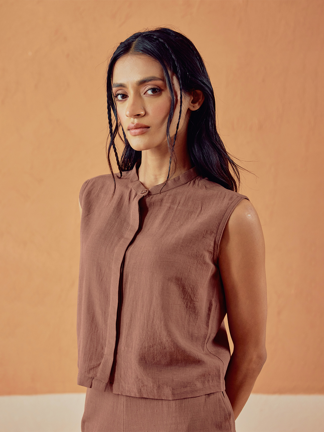 FIORRA Women’s Brown Solid Linen Sleeveless Shirt Top