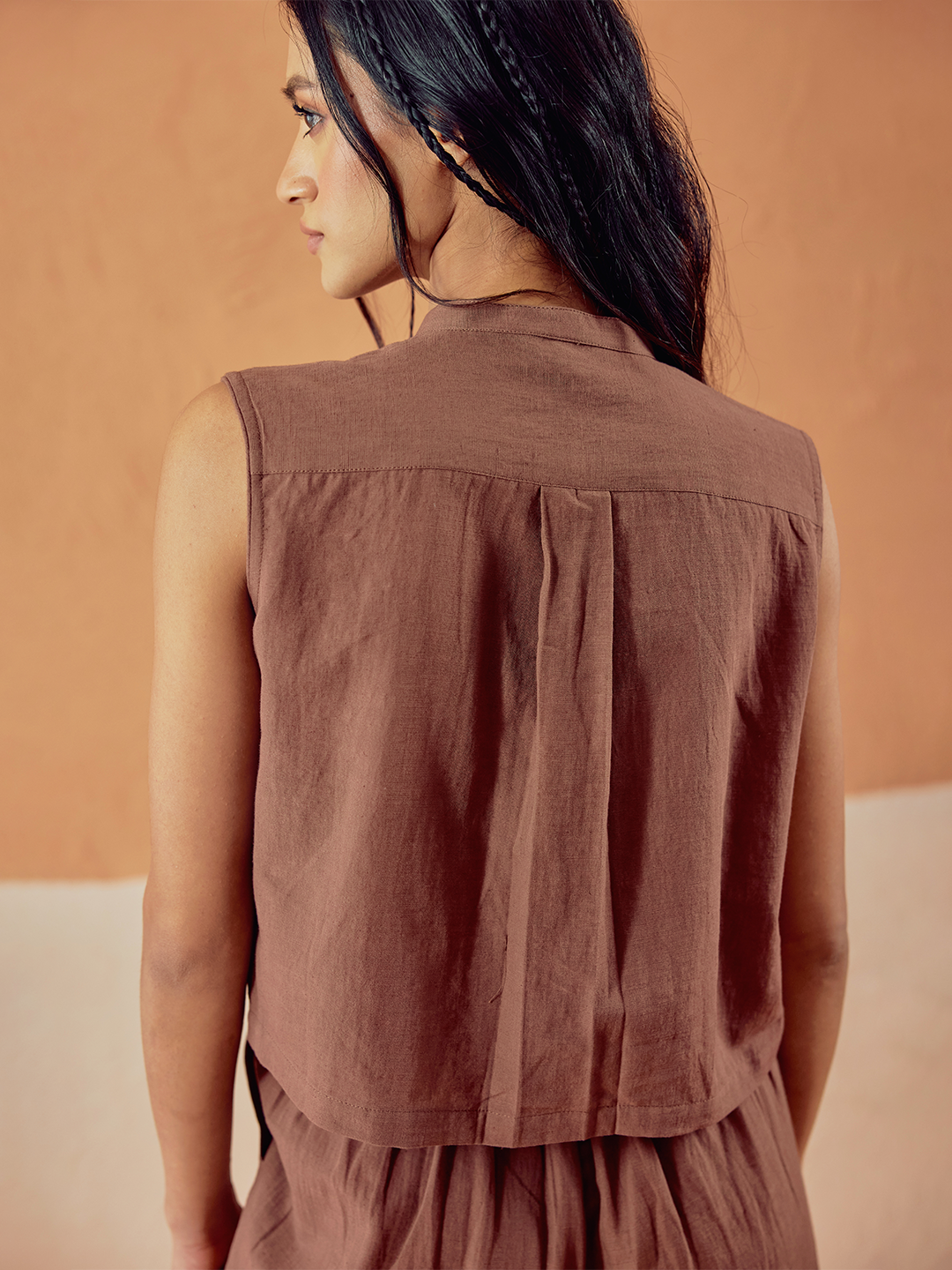 FIORRA Women’s Brown Solid Linen Sleeveless Shirt Top