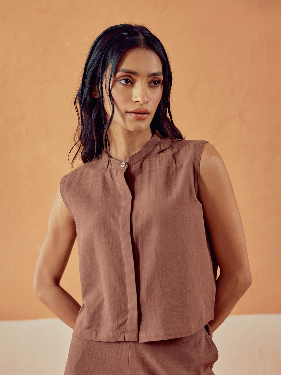 FIORRA Women’s Brown Solid Linen Sleeveless Shirt Top